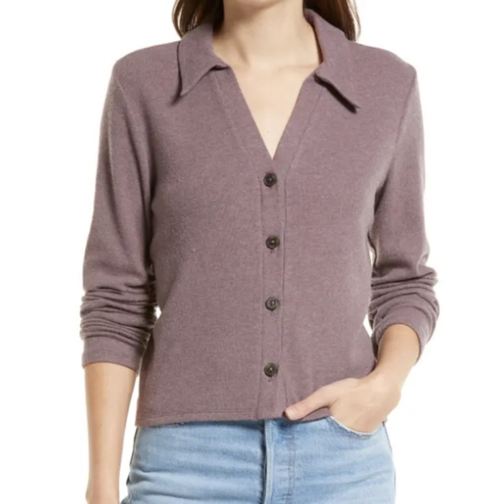 Madewell Brushed Rib Polo Cardigan Sweater, Purple/Lavender